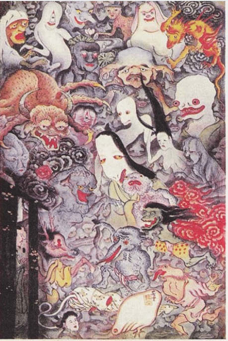 Ilustración japonesa en la que se representan los fantasmas y duendes del cuadro de Mitsunobu